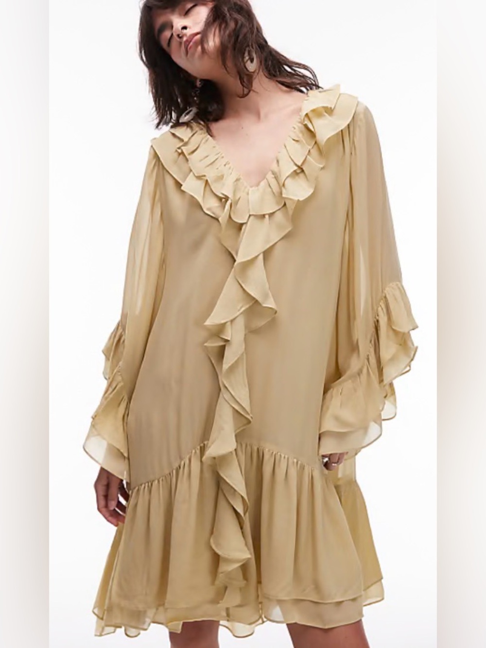& Other Stories sheer chiffon mini dress with ruffles and tier hem in buttermilk